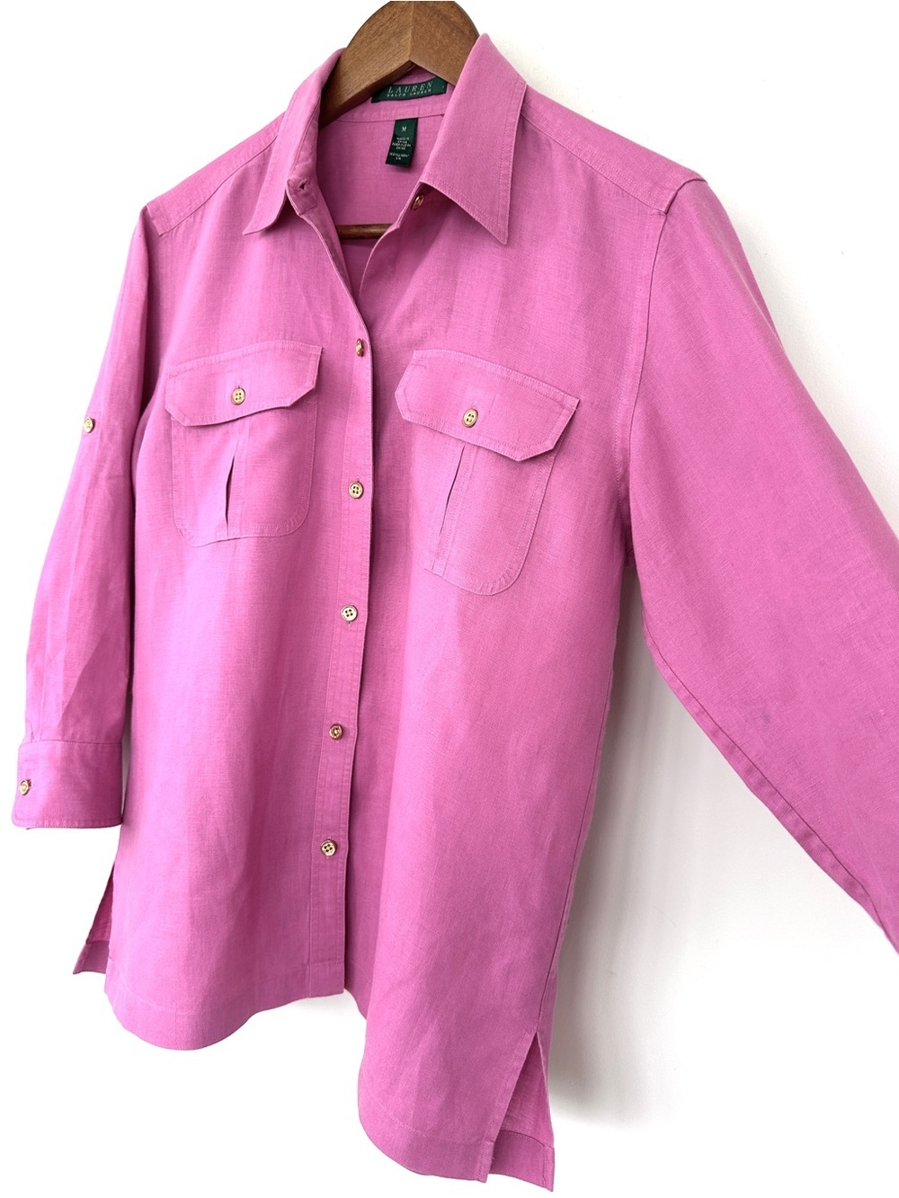 Lauren Ralph Lauren Pink Utility Button-Up Shirt, Roll Tab Sleeves, π― Linen - Picture 2 of 13